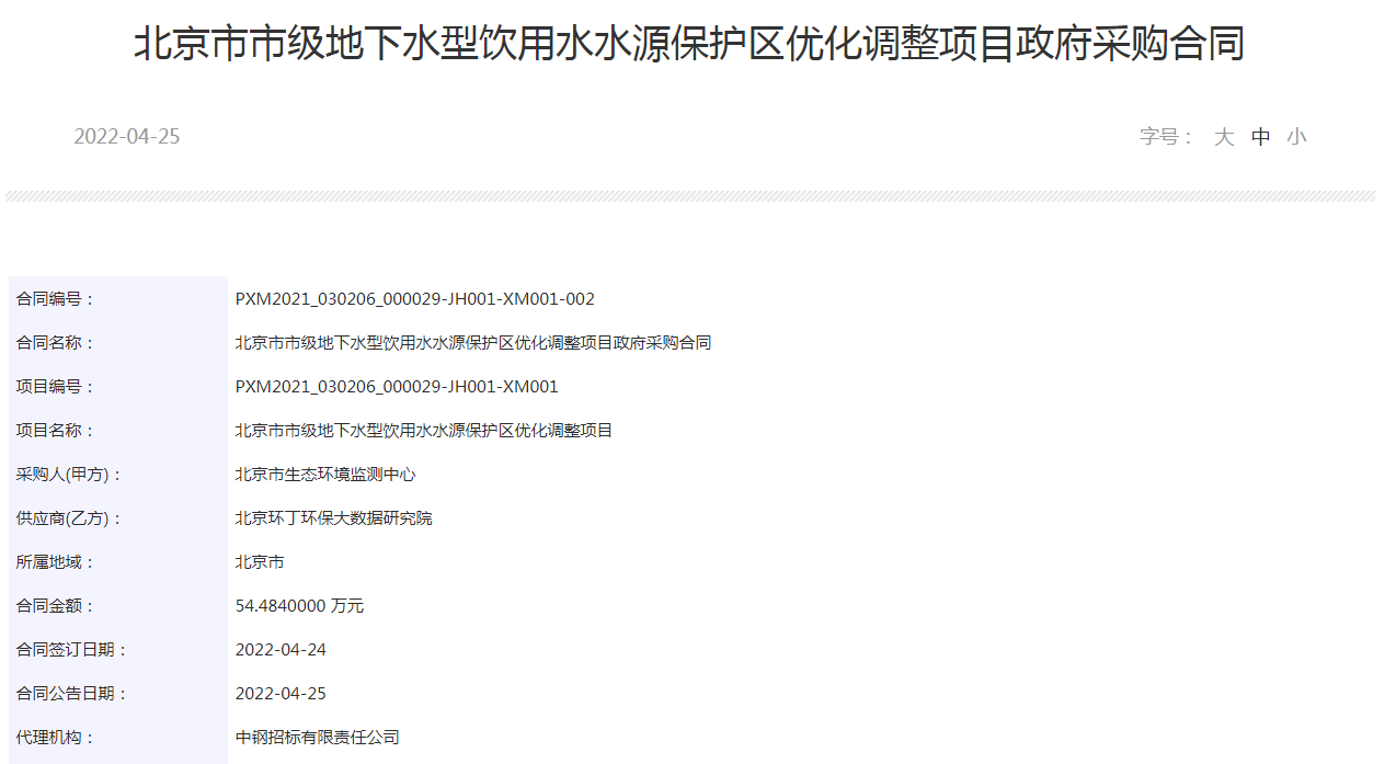 北京市市级地下水型饮用水水源保护区优化调整项目政府采购合同